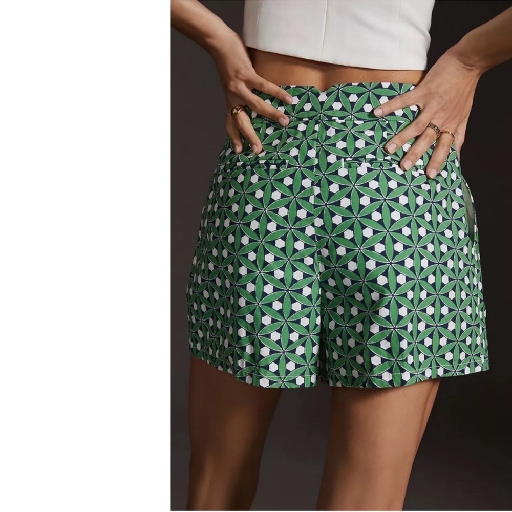 Maeve Anthropologie Poplin City Shorts Green Mod Print Womens Size 12 - Picture 3 of 11